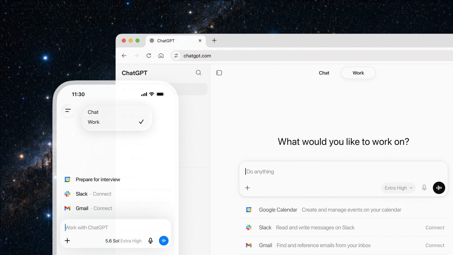 OpenAI's official image of ChatGPT on web and mobile, showing the Chat and Work picker and connected apps such as Slack, Gmail and Google Calendar.