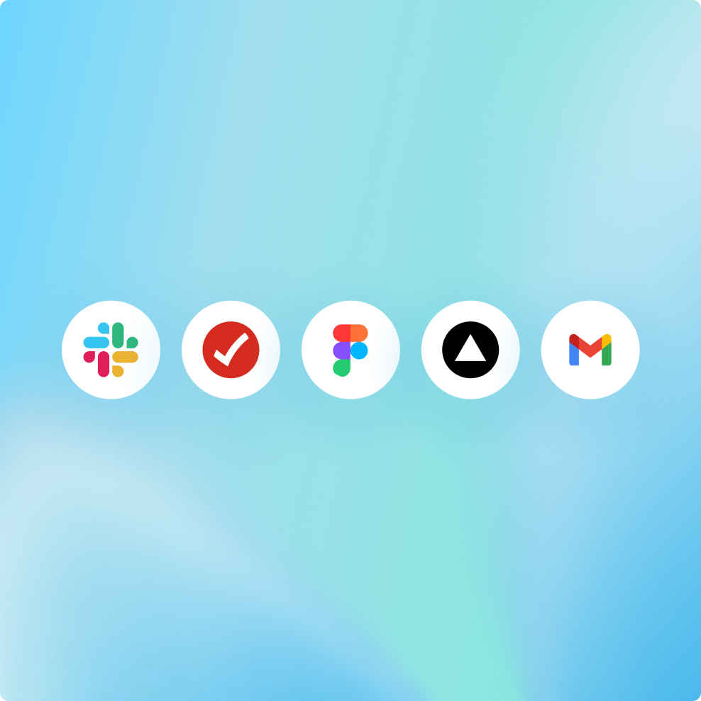 Row of app plugin icons including Slack, Figma and Gmail on a light blue background