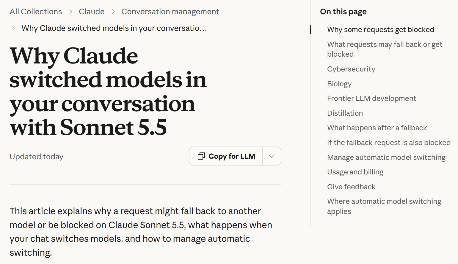 Claude Help Center article titled "Why Claude switched models in your conversation with Sonnet 5.5", with sections on cybersecurity, biology, distillation and managing automatic model switching