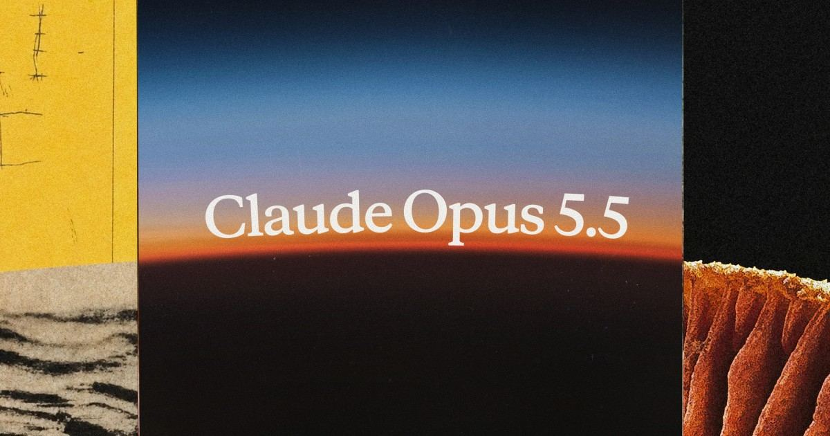 Official Claude Opus 5.5 launch graphic showing the model name over a horizon glow, framed by abstract collage textures