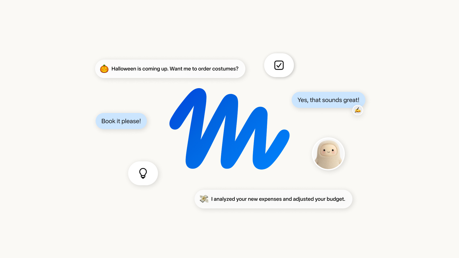 Official Meta launch graphic for Muse: the blue Muse logo surrounded by chat bubbles such as "Book it please!" and "I analyzed your new expenses and adjusted your budget."