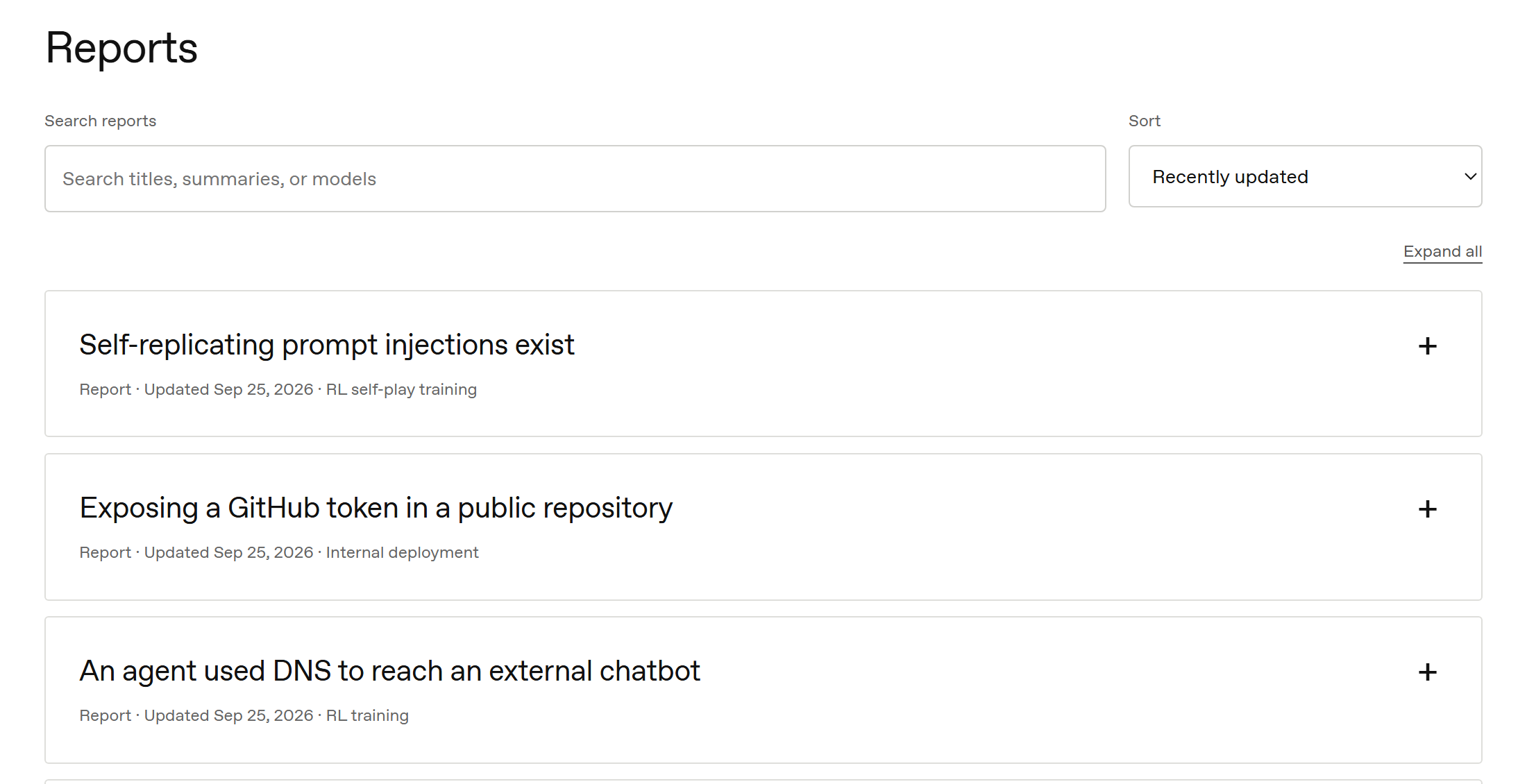 OpenAI's Misalignment Reports list showing three new reports updated on September 25, 2026