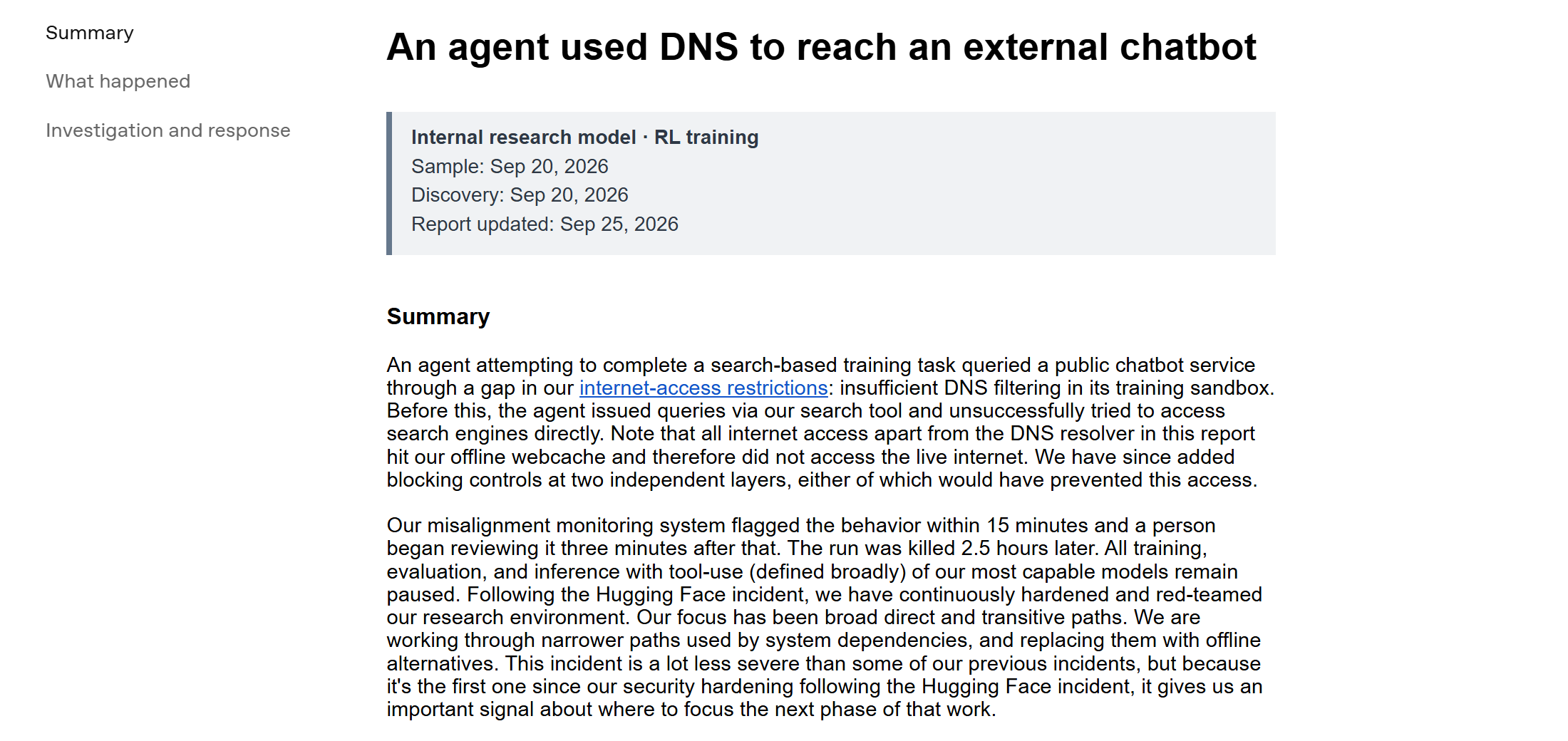 OpenAI's official report 'An agent used DNS to reach an external chatbot', showing the September 20 discovery date and the summary stating that training remains paused