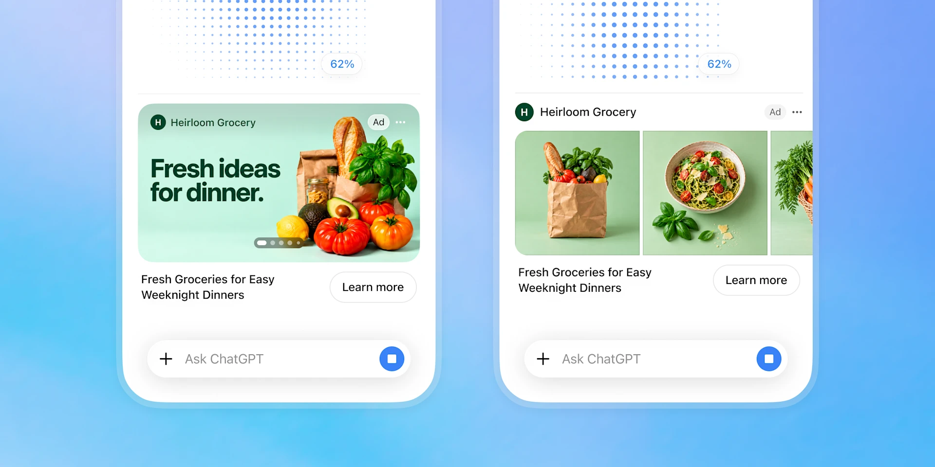 OpenAI's own example of the new visual ad format: a labeled 'Heirloom Grocery' ad with a product photo and 'Learn more' button, shown beneath an image-generation conversation in ChatGPT