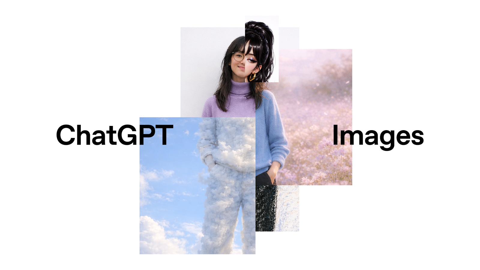 OpenAI's official ChatGPT Images branding graphic showing a person styled in fashion items, representing the image-generation model behind ChatGPT's new shopping try-on feature
