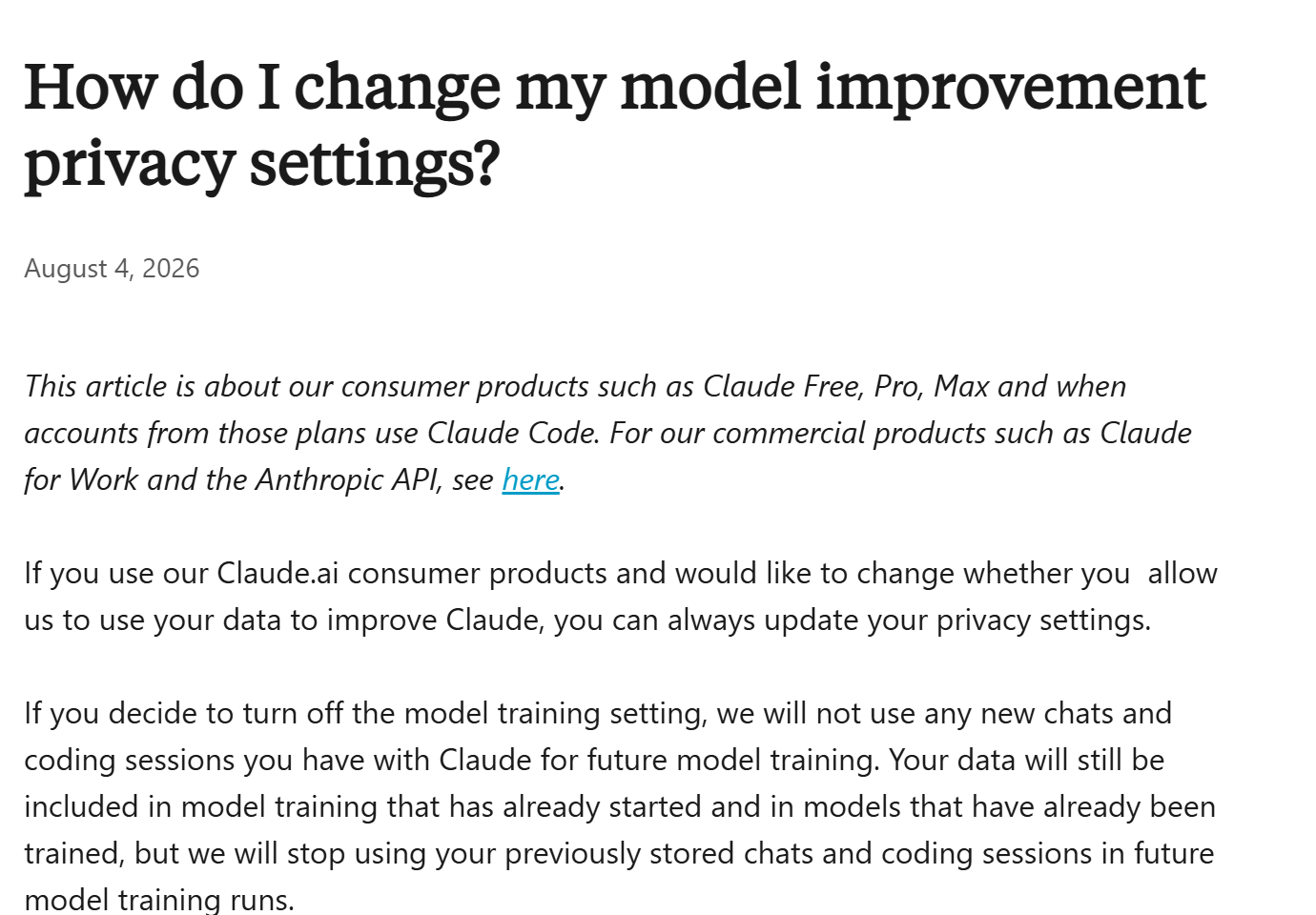 Screenshot of Anthropic's Privacy Center article 'How do I change my model improvement privacy settings?' explaining how to turn off training on your chats