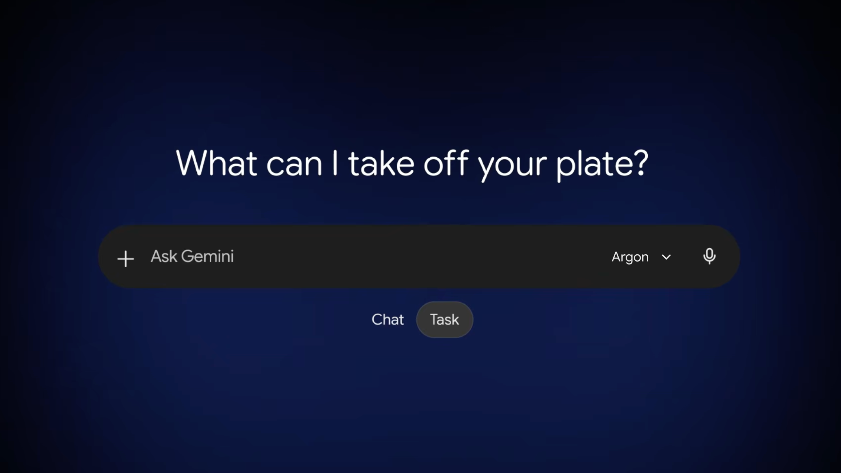 Gemini app chat box reading 'What can I take off your plate?' with the Argon model selected and a Chat/Task mode toggle below it