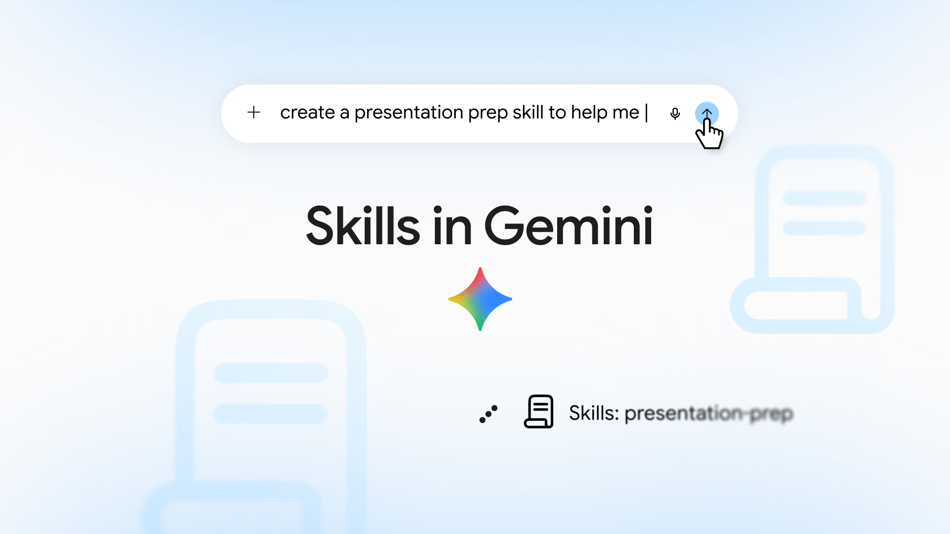 Google's 'Skills in Gemini' graphic from its announcement post, showing a Gemini prompt box creating a presentation-prep skill