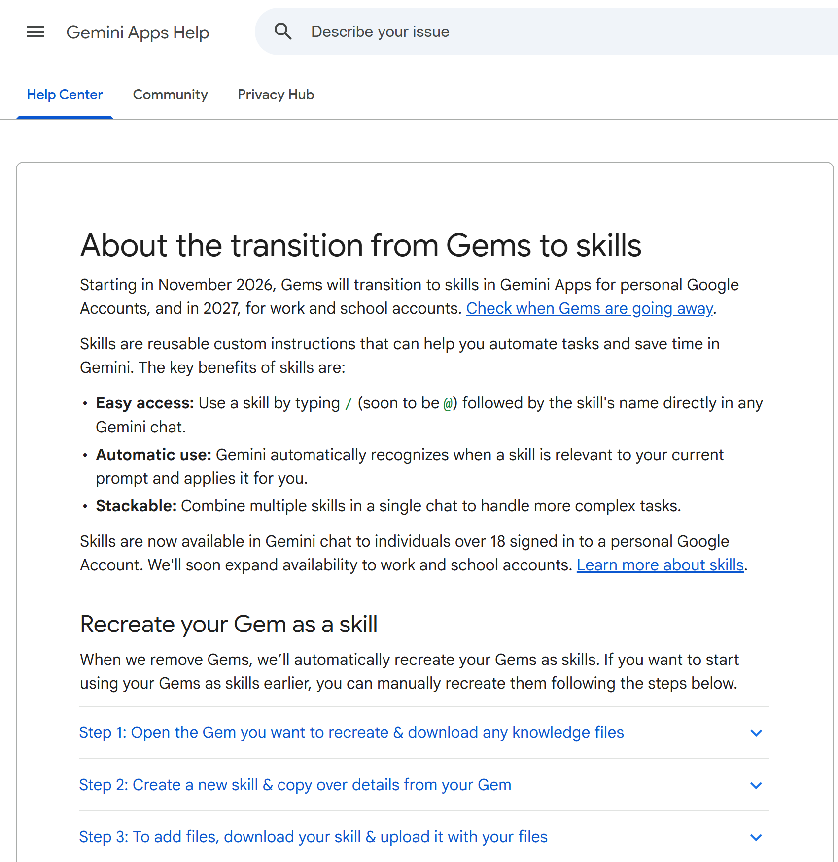 Screenshot of Google's Gemini Apps Help Center page titled 'About the transition from Gems to skills,' showing the three-step process to manually recreate a Gem as a skill