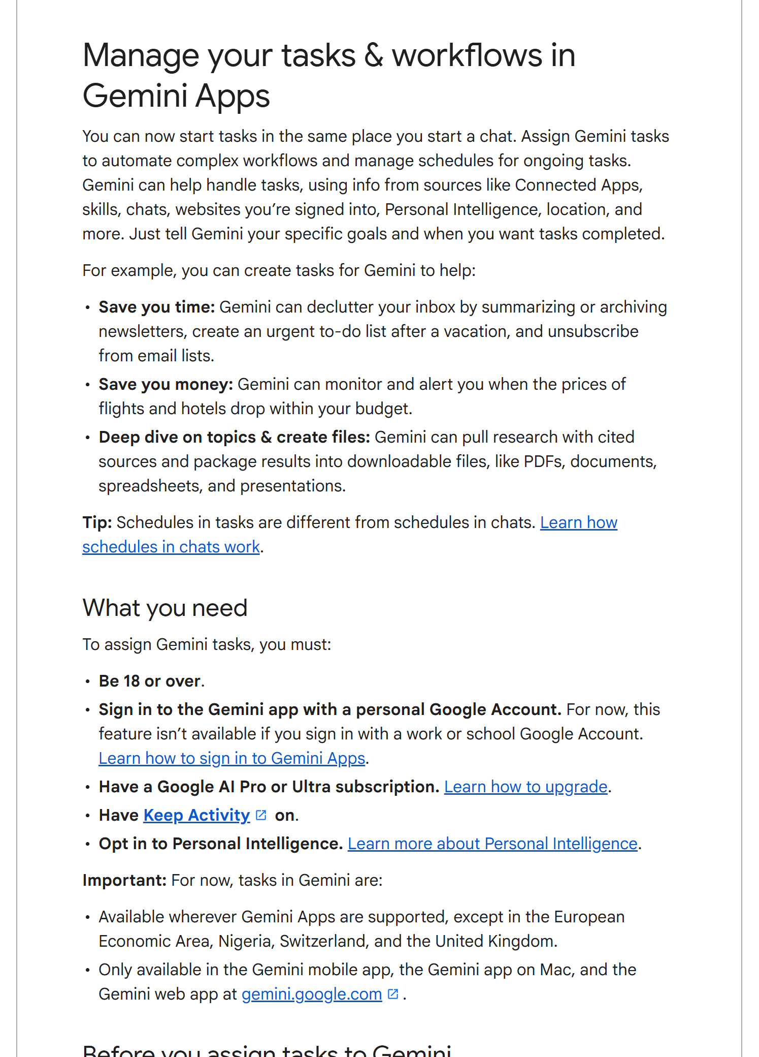 Google Help Center page listing requirements to use Gemini Tasks, including a Google AI Pro or Ultra subscription, being 18 or older, and regional exclusions for the EEA, Nigeria, Switzerland and the UK