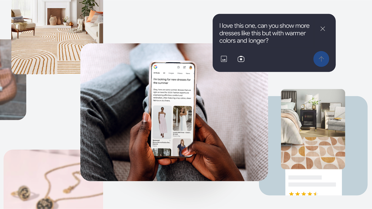 A phone screen showing Google's AI Mode shopping conversation about summer dresses with visual product results