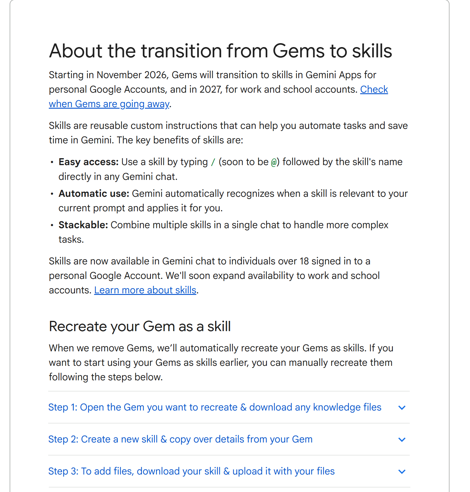 Google's Gemini Apps Help page 'About the transition from Gems to skills', showing the November 2026 timeline and steps to recreate a Gem as a skill